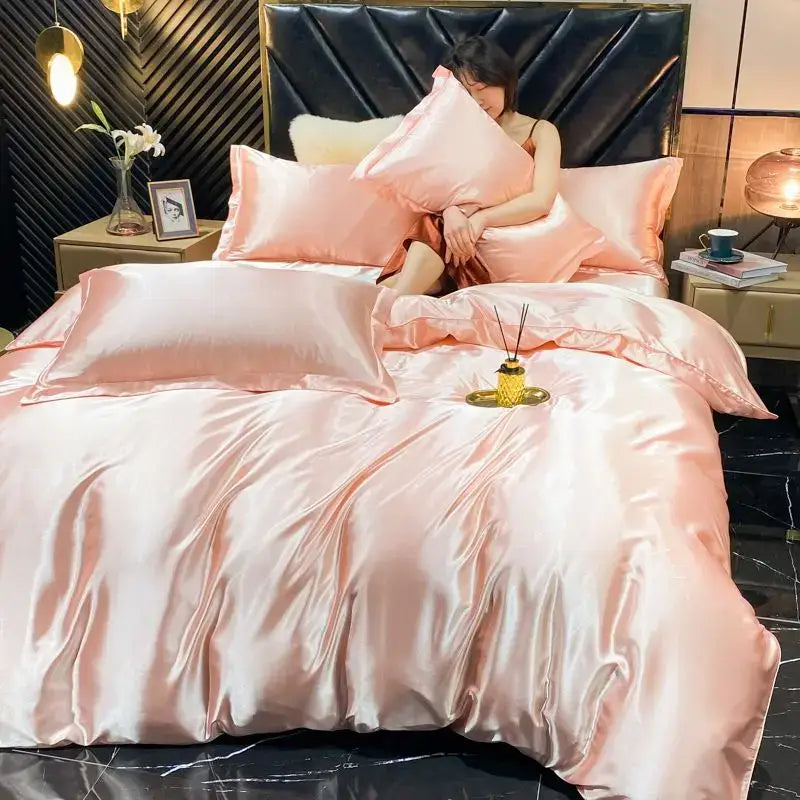 DecorBites™ luxurious rayon silk duvet cover four-piece bed set in blush pink with smooth glossy finish king size width bed