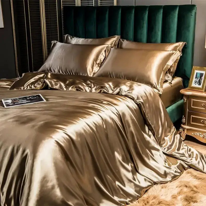 Glossy gold satin duvet cover from DecorBites™ luxurious rayon silk bedding set for king size width bed