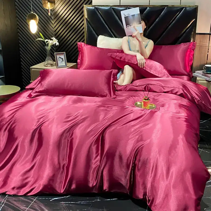 Decorbites™ luxurious rayon silk king size duvet cover set in rich burgundy with glossy satin finish for width bed