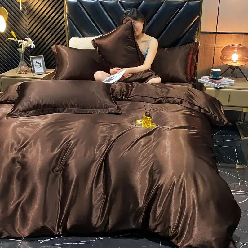 Rich chocolate-brown satin decorbites™ luxurious rayon silk king size duvet cover set with glossy finish for width bed