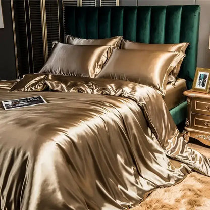 Glossy gold satin decorbites™ luxurious rayon silk duvet cover set with elegant flowing drape for width bed use