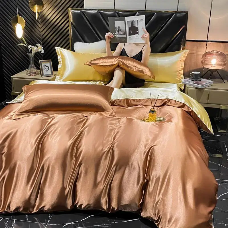 Decorbites™ luxurious rayon silk duvet cover set in glossy bronze satin with matching pillows for width bed use