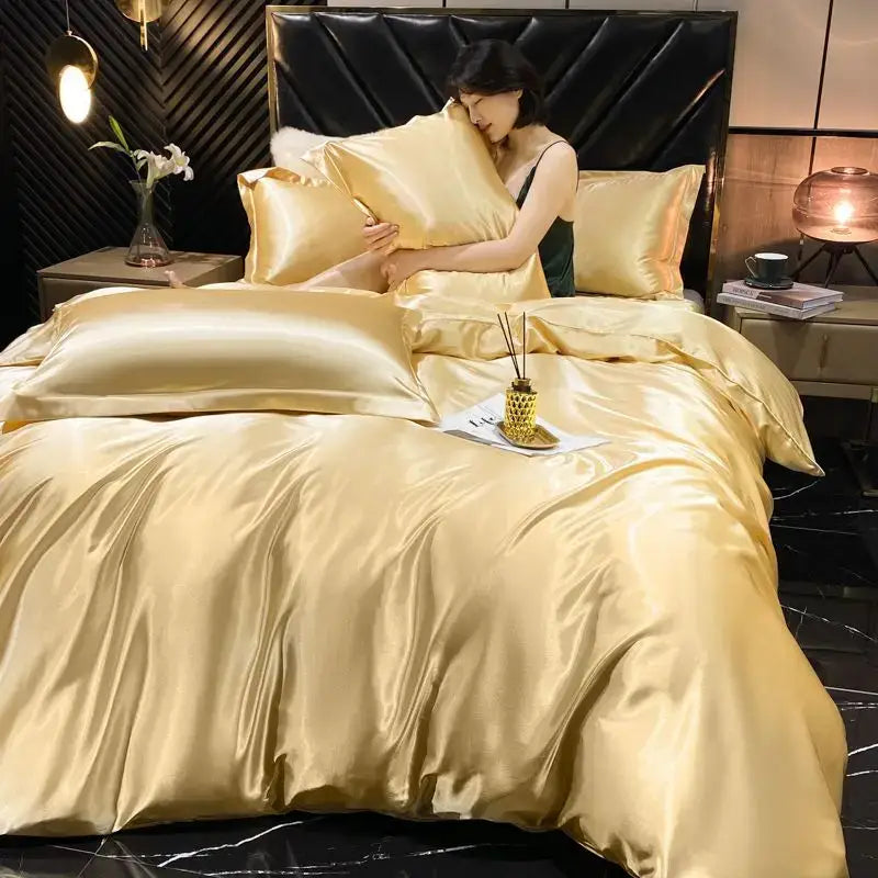 Golden satin decorbites™ luxurious rayon silk 3 pcs duvet cover bedding set with elegant smooth texture and sheen