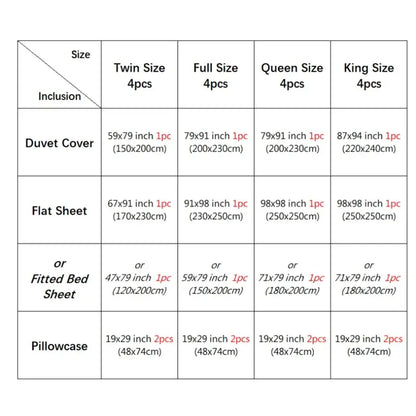 Detailed sizing chart for DecorBites™ luxurious silk bedding set pcs duvet cover bed sheet and pillowcase dimensions