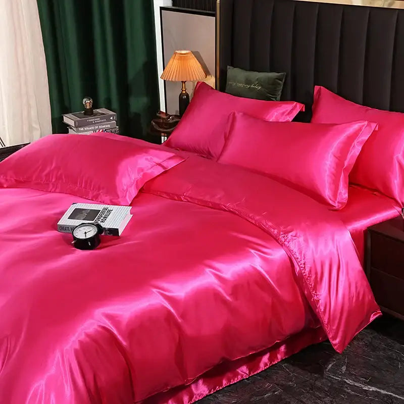 Vibrant fuchsia decorbites™ luxurious silk bedding set with pcs duvet cover and pcs bed sheet glossy smooth finish