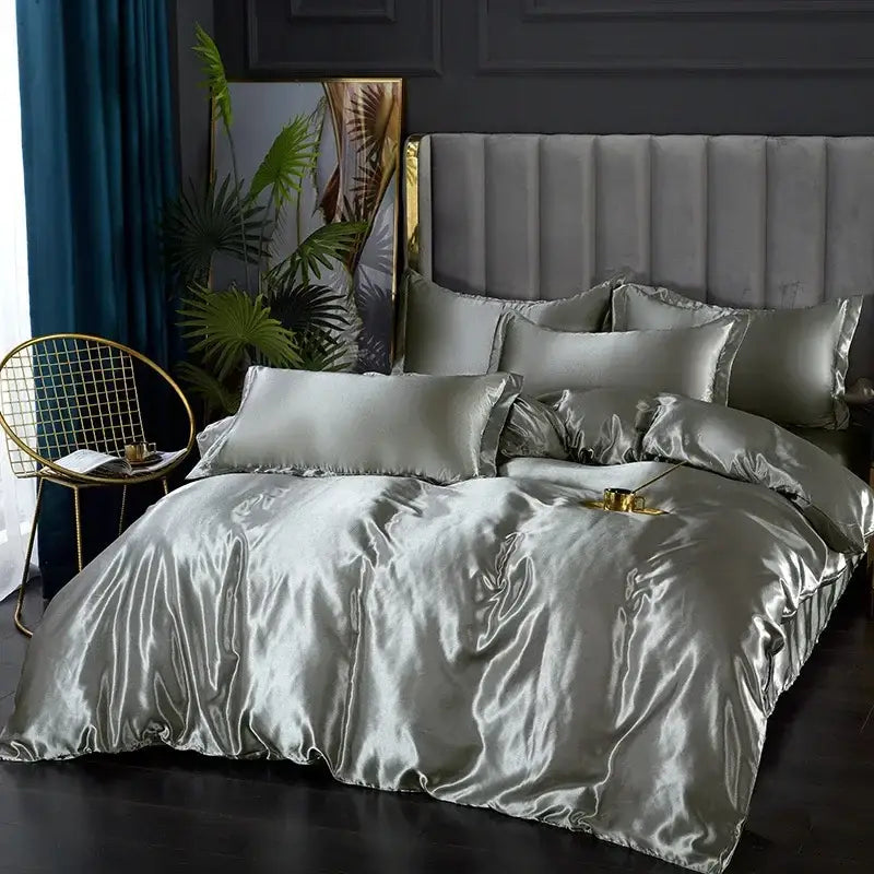 Decorbites™ luxurious silk bedding set double size silver satin pcs duvet cover with glossy finish for width bed