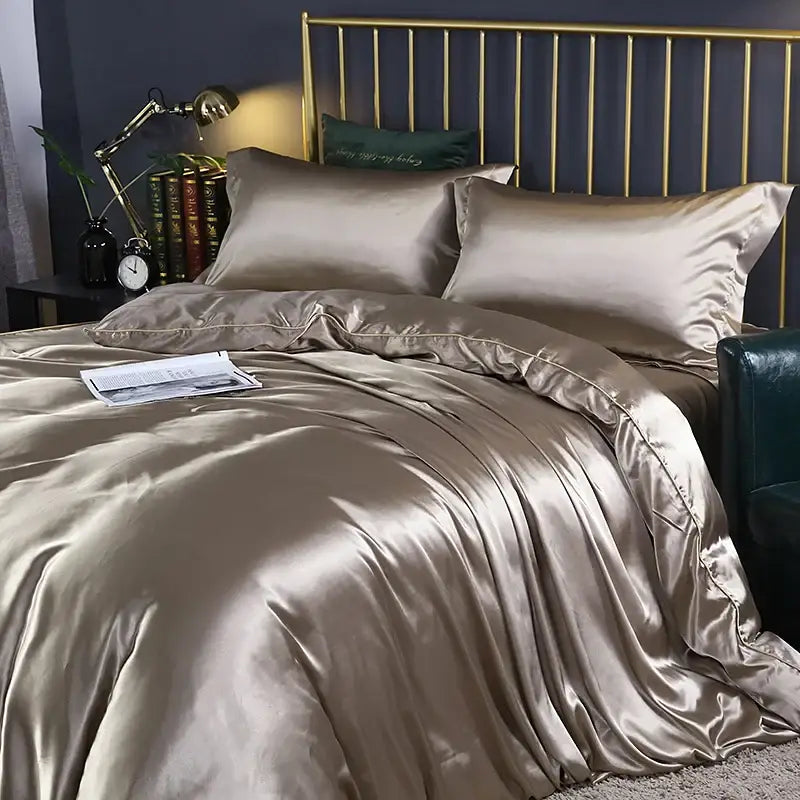 Decorbites™ luxurious silk bedding set featuring luxe metallic gold satin duvet cover with smooth reflective finish and stitched edges