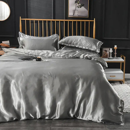 Decorbites™ luxurious silk bedding set in silk-gray satin with ruffled edges featuring duvet cover and matching pillowcases