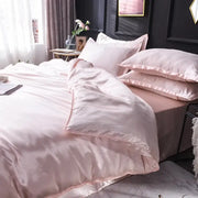 DecorBites™ luxurious silk bedding set with blush pink satin duvet cover and matching pillowcases for elegant sleep