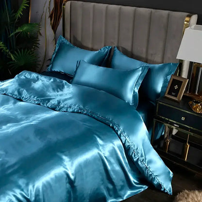 DecorBites teal satin silk bedding set with glossy finish includes sheets duvet and matching pillowcases for luxury sleep