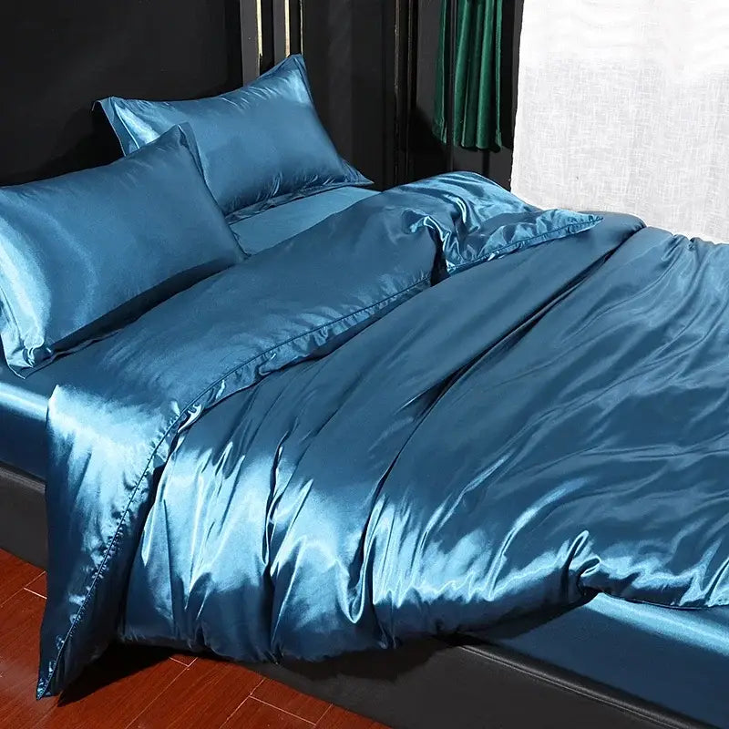 Blue satin decorbites™ luxurious silk bedding set with glossy pcs duvet cover and matching pcs bed sheet pillowcases