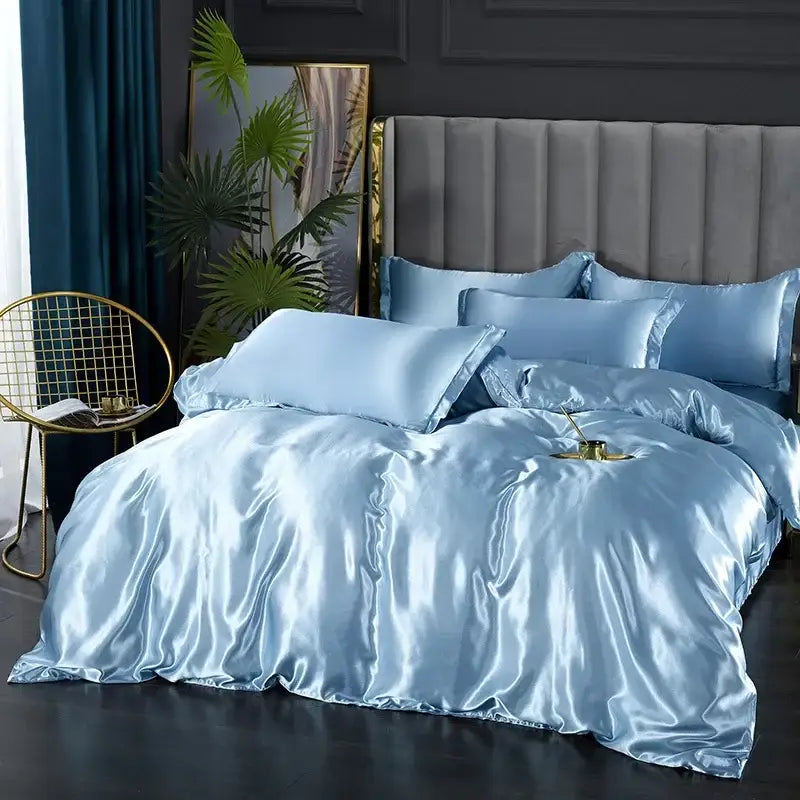 Decorbites™ luxurious silk bedding set in light blue satin with glossy finish includes pcs duvet cover for width bed sizes