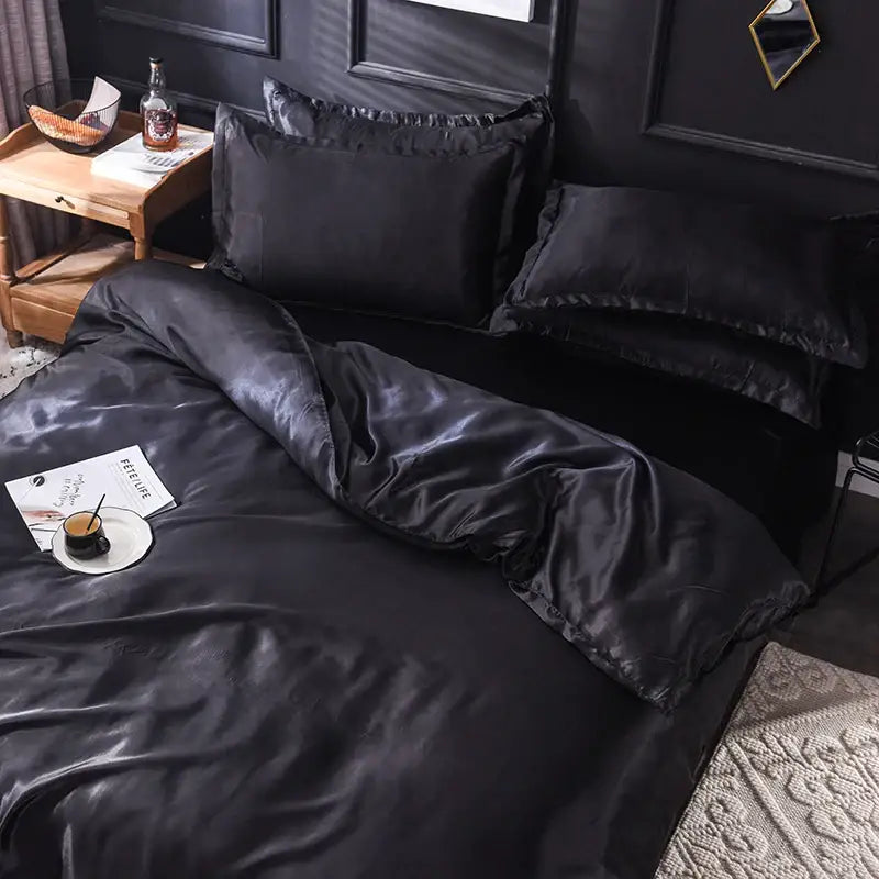 Black satin decorbites luxurious silk bedding set with glossy smooth texture and elegant ruffled edges silk bedding