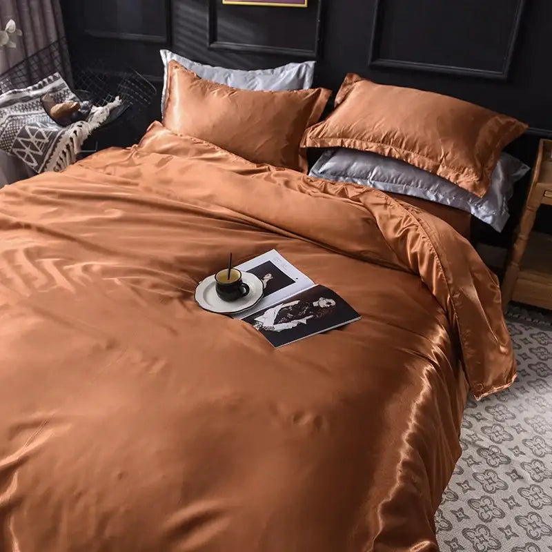 DecorBites Luxurious silk bedding set copper satin duvet cover with matching pillowcases for elegant bedroom decor