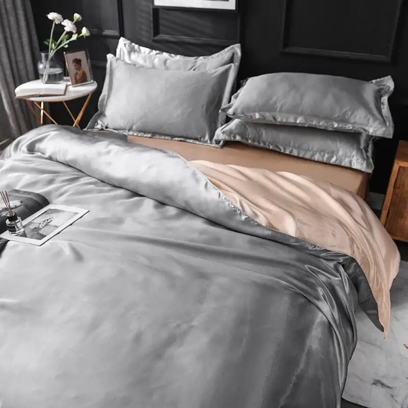Decorbites™ luxurious silk bedding set featuring a sleek silver exterior and soft beige satin finish interior silk duvet cover set