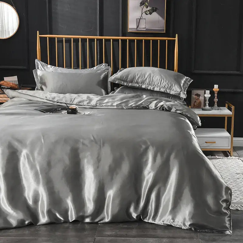 Silk-gray satin silk bedding set with smooth lustrous finish and elegant ruffled edges by decorbites in various sizes