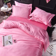 Decorbites luxurious pink silk bedding set with bed sheet duvet cover and matching pillows in various sizes