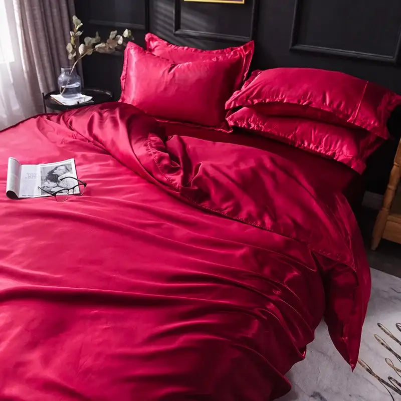 Rich crimson satin silk bedding set from decorbites™ with a glossy luxurious finish in various sizes