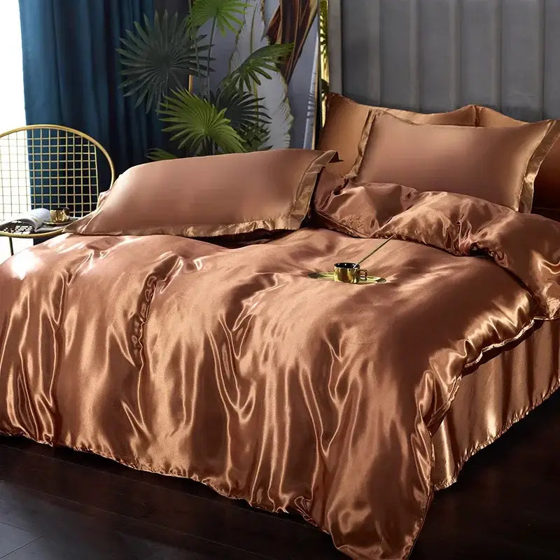 Decorbites™ luxurious silk bedding set four-piece rose gold satin pcs duvet cover with smooth glossy finish for width bed