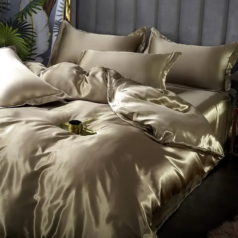Decorbites™ luxurious silk satin bed set in rich gold hue with matching pcs duvet cover for various width bed sizes