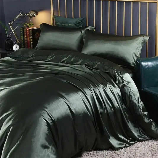 Dark green satin duvet cover from decorbites™ luxurious silk bedding set with smooth mulberry silk texture and folds