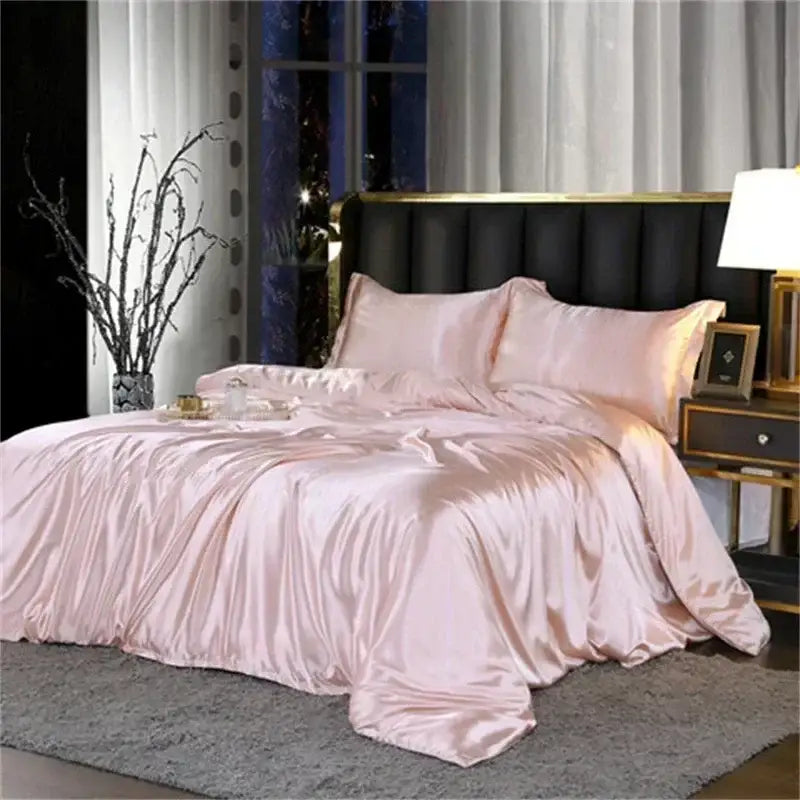 Pink satin DecorBites™ luxurious silk bedding set with smooth glossy finish includes pcs duvet cover and fitted sheet