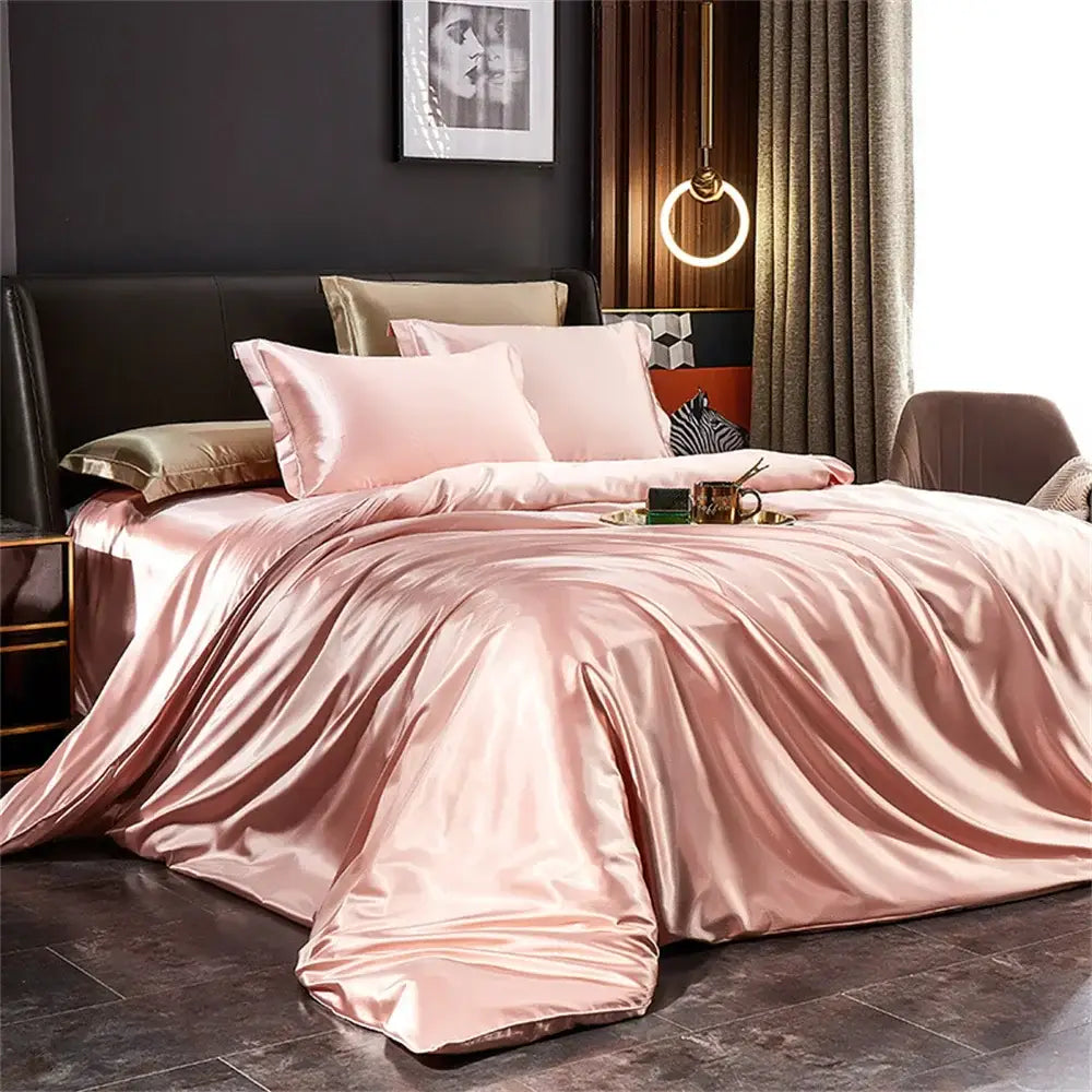 Decorbites™ luxurious solid silk rose gold pcs duvet cover set with smooth glossy satin finish and matching pillows