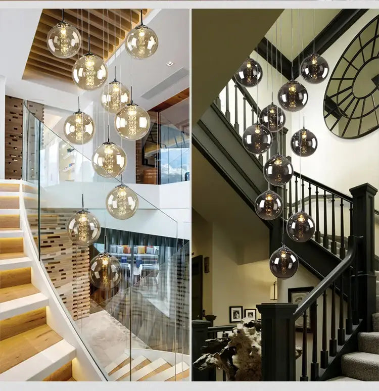 Modern loft chandelier DecorBites™ luxurious spiral LED spherical glass pendant lights with warm glowing interiors and metallic fixtures