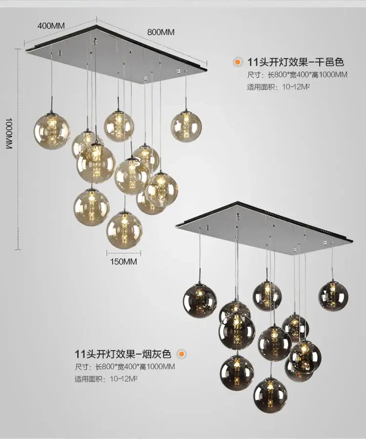 Modern rectangular ceiling fixture with 11 hanging smoked glass globes in luxurious spiral led chandelier for home and hotel
