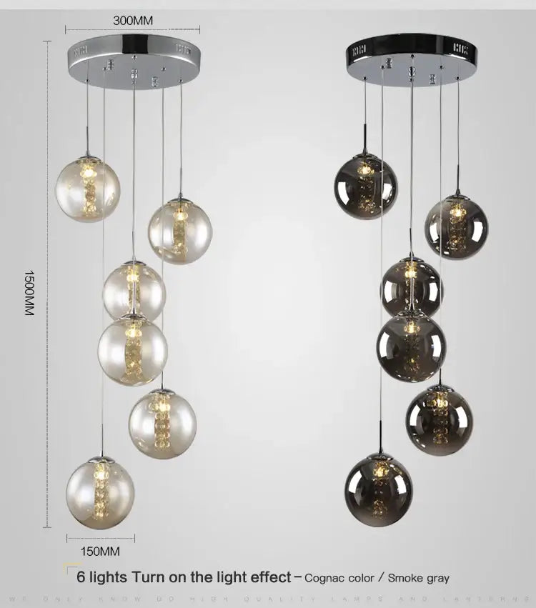 Modern loft chandelier decorbites™ luxurious spiral led with six cognac and smoke gray glass globes and chrome mount