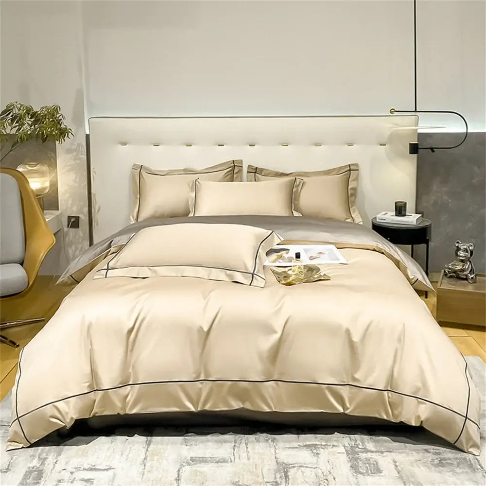 Beige satin egyptian cotton duvet cover bedding set with black piping trim from decorbites luxurious svetanya collection