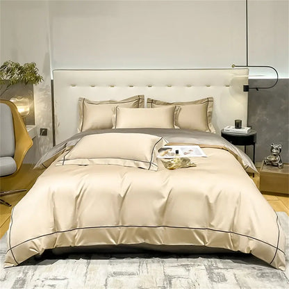 Beige satin egyptian cotton duvet cover bedding set with black piping trim from decorbites luxurious svetanya collection