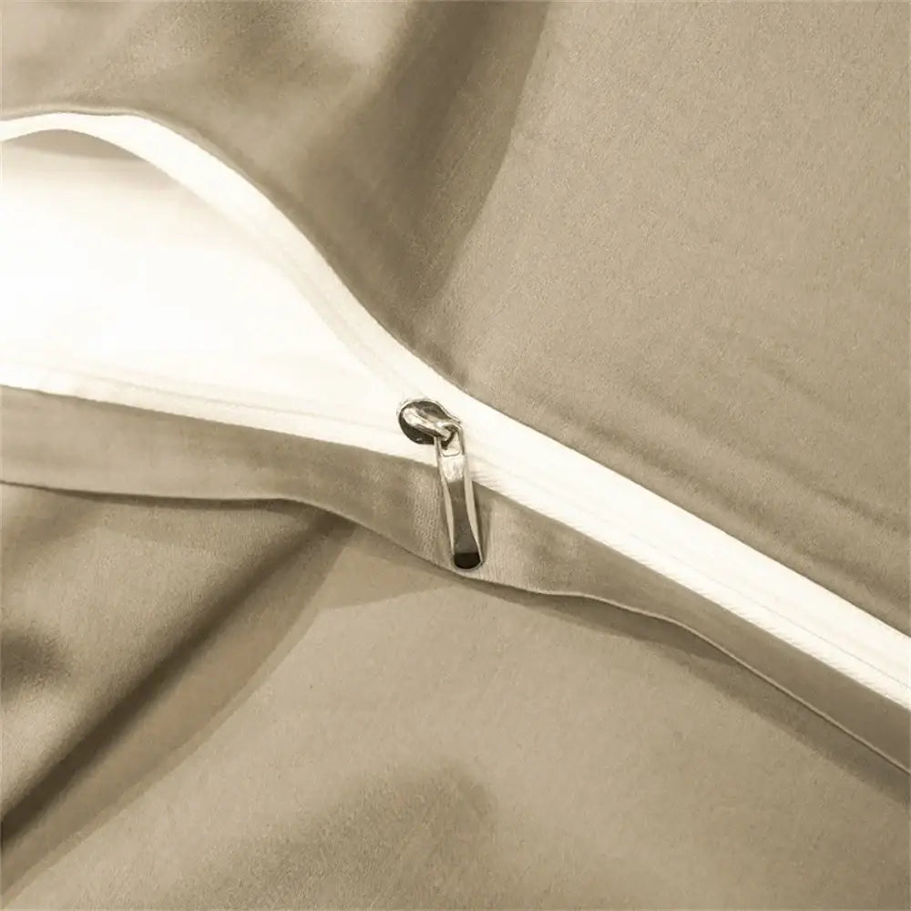 Beige satin pillowcase with white zipper and metallic pull tab from decorbites™ luxurious svetanya egyptian cotton bedding set