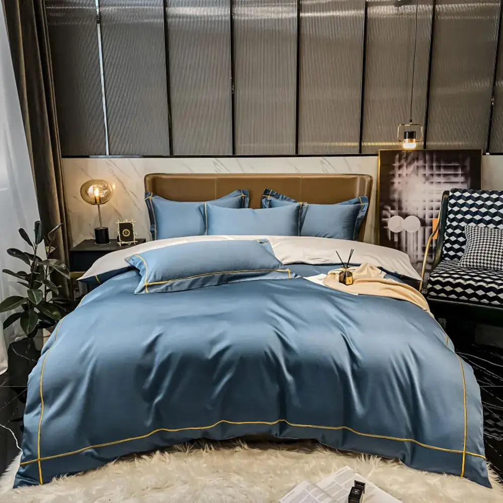Decorbites™ luxurious svetanya egyptian cotton bedding set featuring a blue satin duvet cover with gold trim
