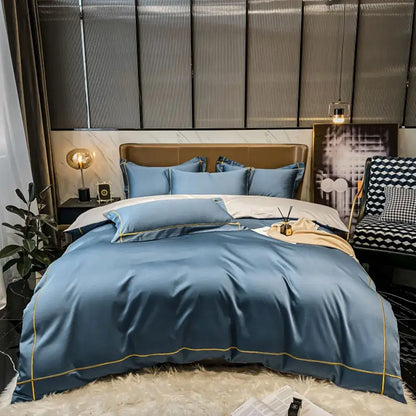 Decorbites™ luxurious svetanya egyptian cotton bedding set featuring a blue satin duvet cover with gold trim
