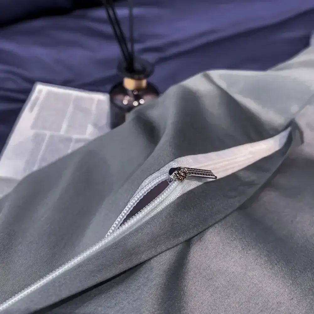 Gray satin duvet cover with white zipper and metallic pull tab from decorbites luxurious svetanya egyptian cotton bedding set