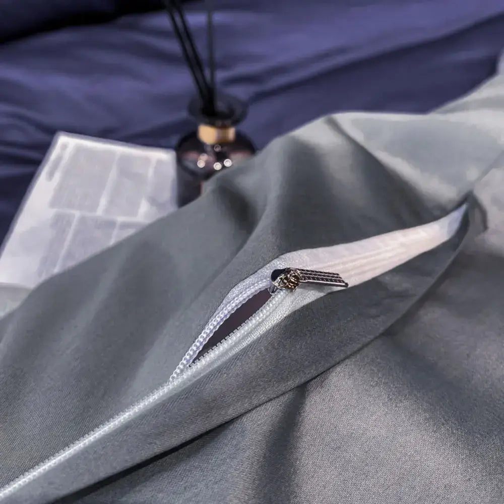 Gray satin pillowcase with white zipper and silver pull tab from decorbites™ luxurious svetanya egyptian cotton bedding set