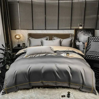 Gray satin egyptian cotton duvet cover bedding set with gold trim from decorbites luxurious svetanya collection
