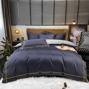 Navy blue satin duvet cover bedding set with gold piping from DecorBites Luxurious Svetanya Egyptian cotton collection