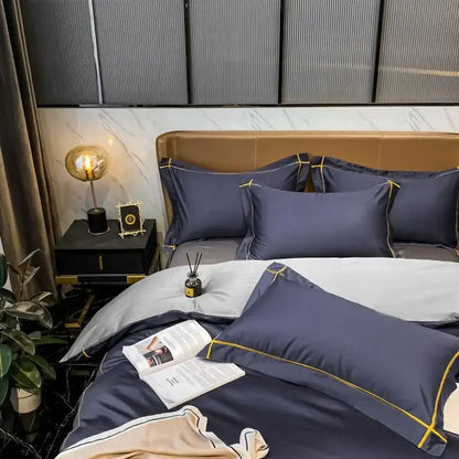 Navy blue satin pillowcases with gold piping detail from decorbites luxurious svetanya egyptian cotton bedding set