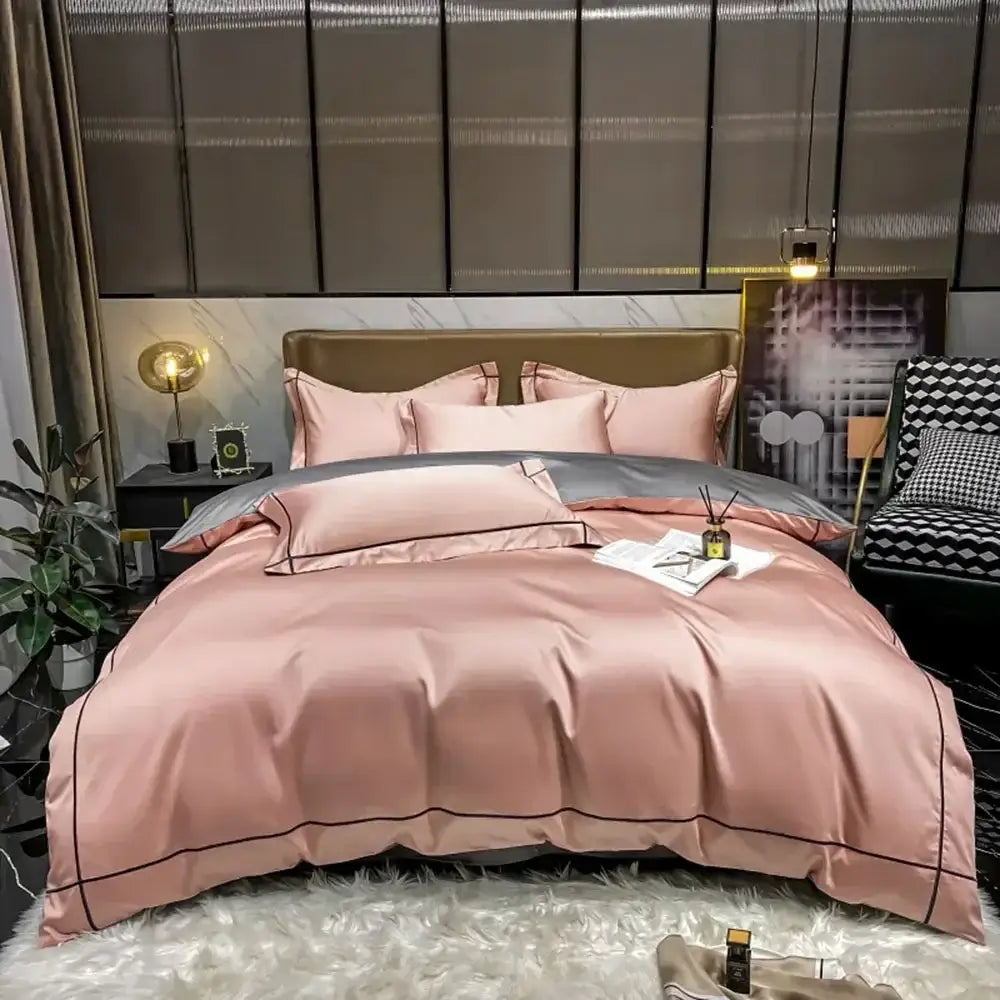 Pink satin egyptian cotton bedding set with black piping detail from DecorBites™ luxurious duvet cover collection