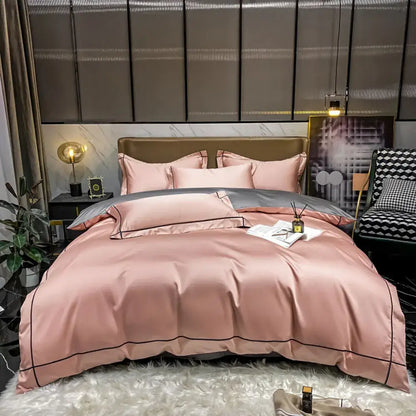 Pink satin duvet cover bedding set with black piping detail made from luxurious egyptian cotton by decorbites