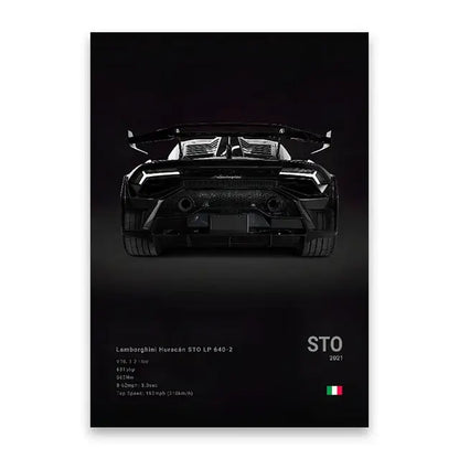 Black lamborghini huracán sto lp 640-2 rear view with air intakes on luxury car canvas art print for home decor