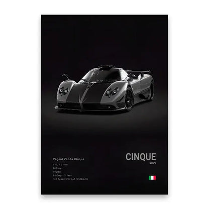 Black and silver pagani zonda cinque sports car art print luxury car canvas for home decor by decorbites