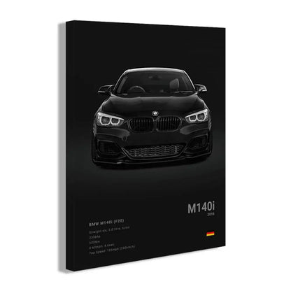 Black bmw m140i 2016 model poster with glossy finish and bold grille featured in decorbites™ luxury canvas wall art decor