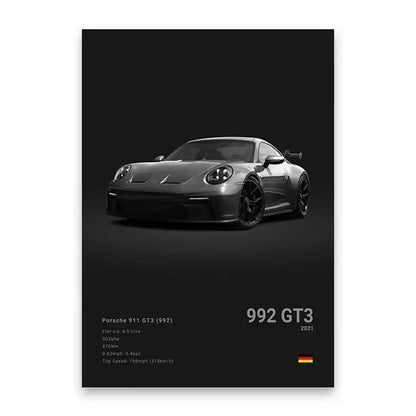 Black porsche 911 gt3 992 canvas wall art featuring a sleek matte finish sports car with aerodynamic design