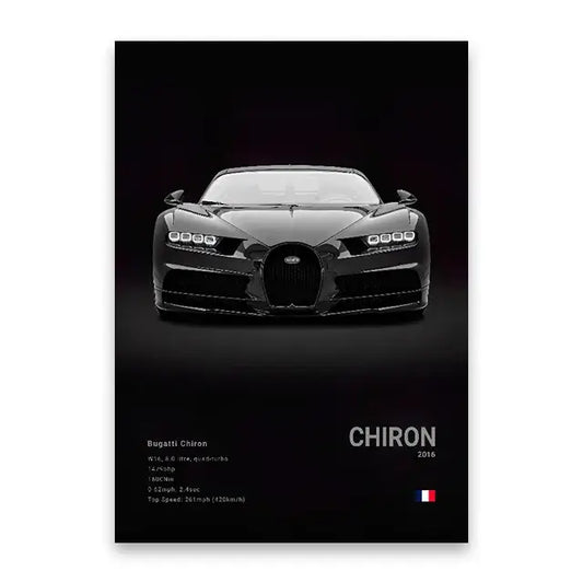 Black-and-white DecorBites™ luxury car canvas wall art print featuring a 2016 Bugatti Chiron with aerodynamic design