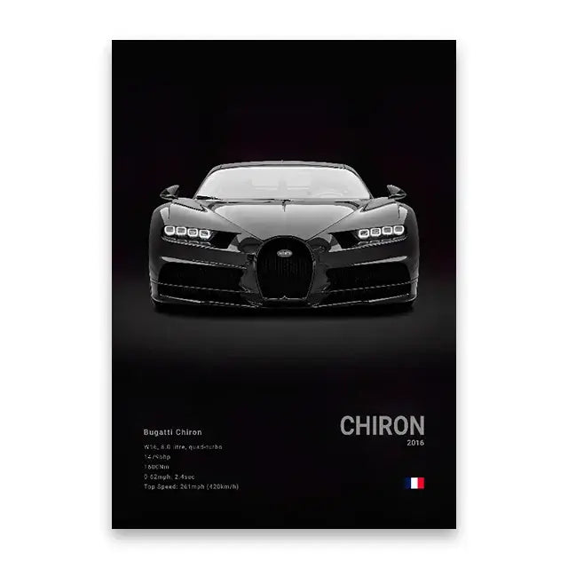 Black-and-white DecorBites™ luxury car canvas wall art print featuring a 2016 Bugatti Chiron with aerodynamic design