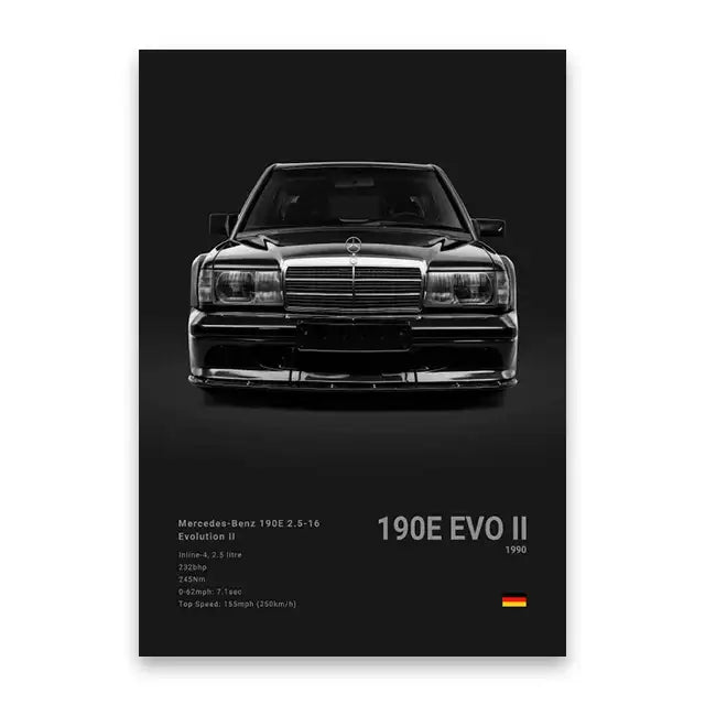 Black-and-white decorbites luxury car canvas wall art print featuring front view of 190e evo ii grille and headlights