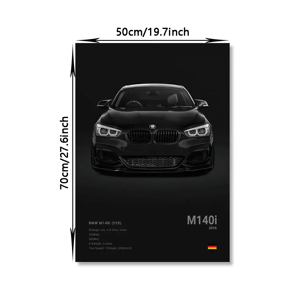 Black bmw m140i 2016 model art print featuring sleek glossy finish and bold grille for luxury wall art print decor